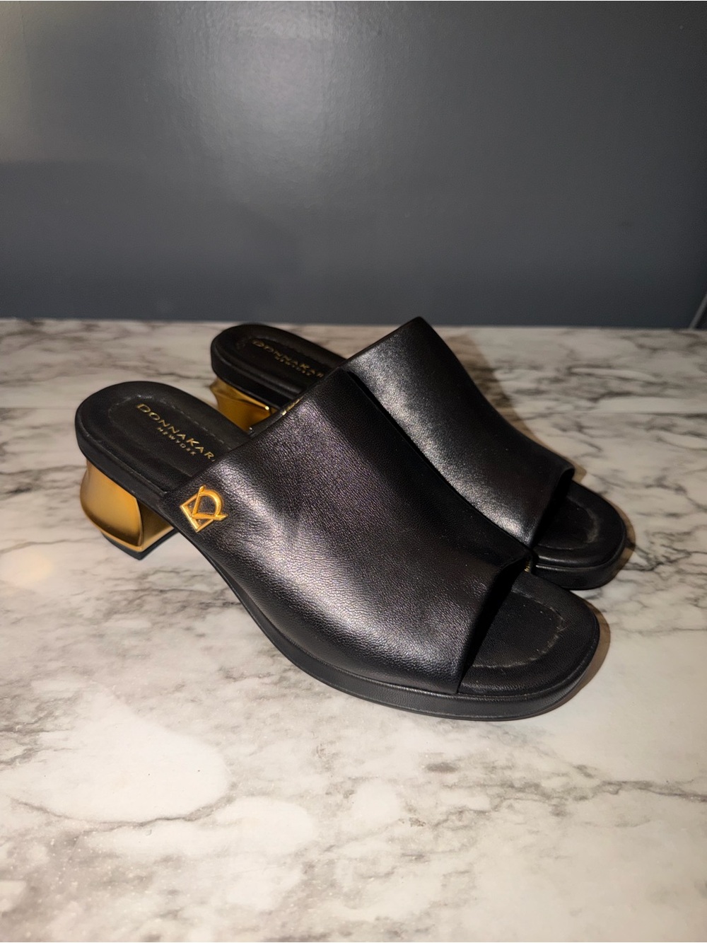 Donna Karan peep toe mules